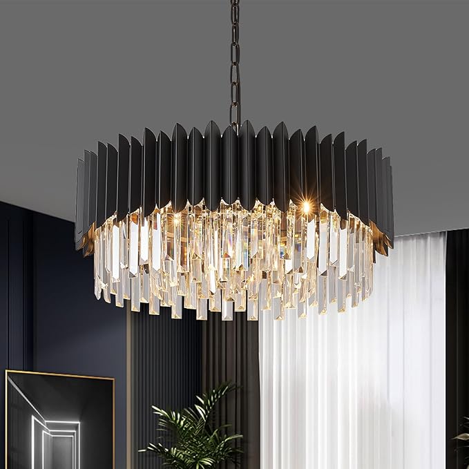 Black Crystal Chandelier 3-Tier Modern Large Crystal Chandelier Semi Flush Mount Chandelier Light Round Ceiling Light Fixture Ceiling Lamp Chandelier for Dining Room Living Room Bedroom