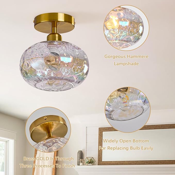 Luafac Vintage Glass Flush Mount Ceiling Light - 7.9 Inch Iridescent Hammered Glass Hallway Light fixtures Ceiling, Gold Semi Flush Mount Ceiling Light for entryway Foyer Laundry Room Kitchen