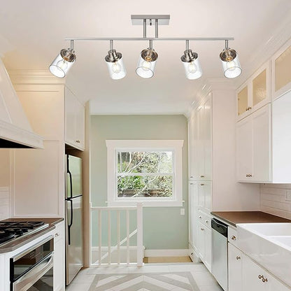 5-Light Wall/Ceiling Track Lighting Kit in Brushed Nickel Semi Flush Mount Ceiling Light with 5 Rotatable Light Heads Modern Vanity Lights for Bathroom, Clear Glass Shade
