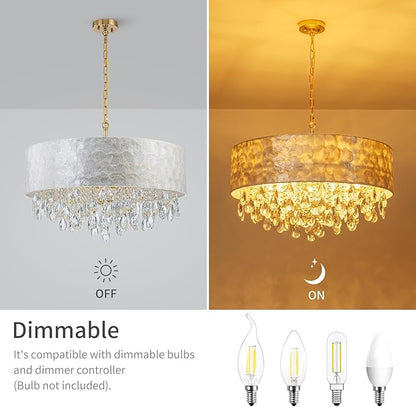 LumFurn D24inch Drum Capiz Shell K9 Crystal Chandeliers, 8-Light Coastal Style Pendant Light Fixture for Dining Room, Living Room, D24xH23~71 inch(Adjustable), Shell Lampshade & Gold Finish