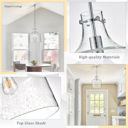 CATINER 12" Chrome Seeded Glass Pendant Light, Modern Farmhouse Hanging Ceiling Light Fixture for Kitchen Island, Dining Room, Hallway, Hand-Blown Bubble Glass Shade, E26 Dimmable Pendant Lighting