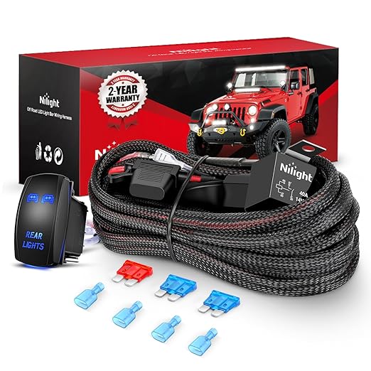 Nilight Wiring Harness Kit Nylon 16 AWG 2 Leads Rear Lights 12V 5Pin Rocker Switch Laser On Off Power Relay Blade Fuse for LED Off Road Light Bar on Cars Jeep Boat Trucks