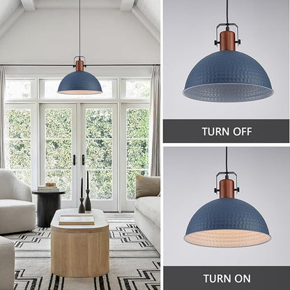12 Inch Blue Pendant Lights Hammered Matte Pendant Lights for Kitchen Island Industrial Farmhouse Adjustable Height Dome Hanging Light Fixtures for Barn, Dining Room 3 Packs
