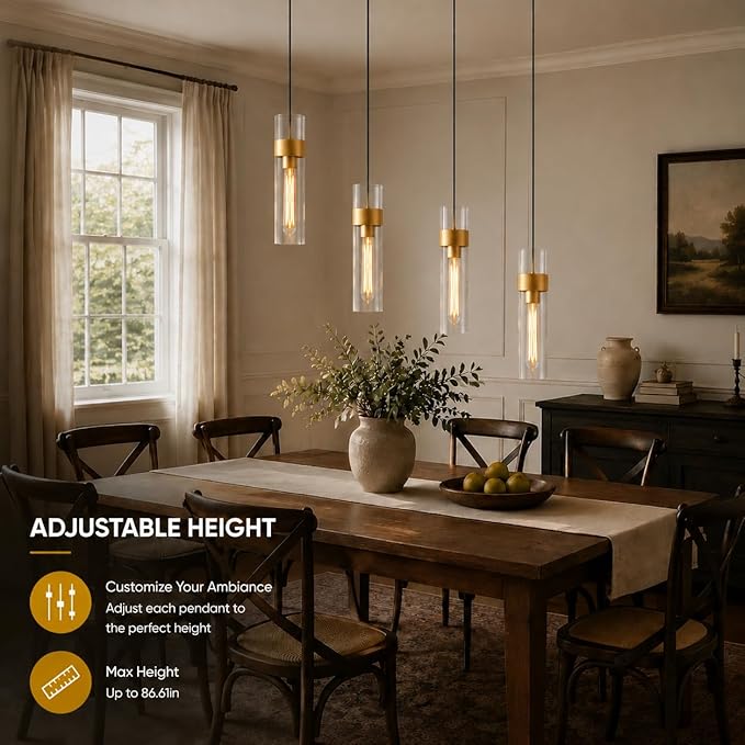 Modern Glass Brass Pendant Lights Kitchen Island, Adjustable Cord Pendant Light Fixtures, Kitchen Pendant Lighting Over Island, Indoor Chandelier for Bedroom Bathroom, Included Bulb
