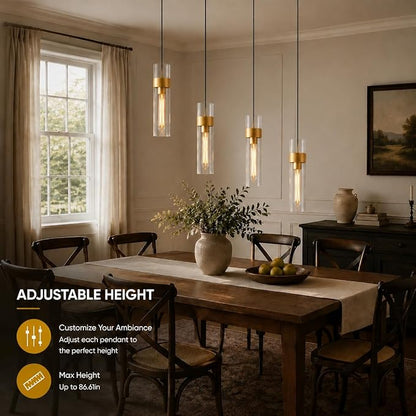 Modern Glass Brass Pendant Lights Kitchen Island, Adjustable Cord Pendant Light Fixtures, Kitchen Pendant Lighting Over Island, Indoor Chandelier for Bedroom Bathroom, Included Bulb