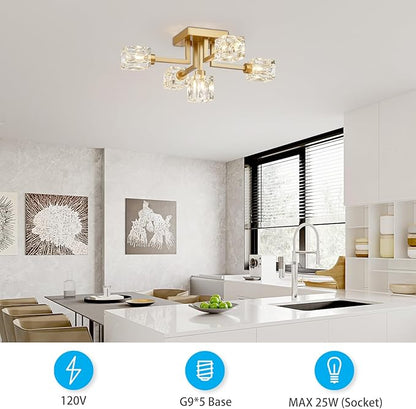 XINGQI Sputnik Chandelier Gold Modern Semi Flush Mount Ceiling Light Glass 5 Lights Farmhouse Lighting Fixtures for Dining Room Living Room Kitchen Bedroom