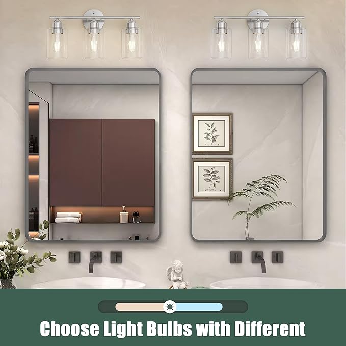 Bathroom Vanity Light Fixtures Brushed Nickel, 3 Lights Bathroom Over Mirror, UL Certified, Modern Wall Lighting Fixtures with Glass Shade, E26 Socket
