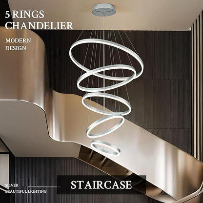 5-Rings D31.5’’ Modern LED Chandelier Silver Dimmable High Ceiling Chandeliers Foyer with Remote Control for Entryway Living Room Dining Room Staircase, 3000K-6500K