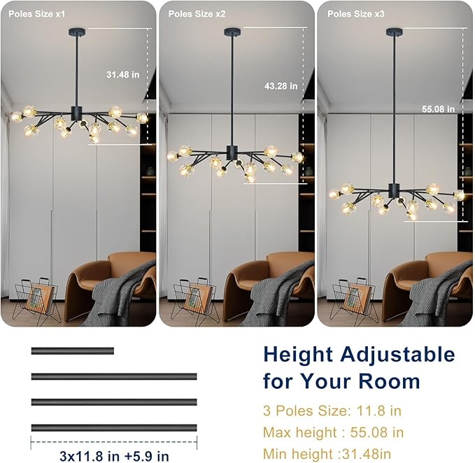 Depuley Sputnik Chandelier for Dining Room: 15-Light Ceiling Light Fixture Height Adjustable - Mid Century Black Chandelier for Bedroom Living Room Kitchen Over Table Foyer (Included G9 Bulbs)