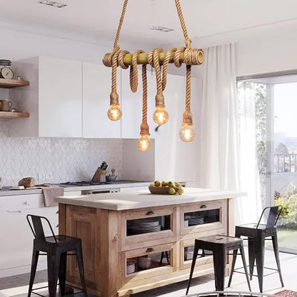Arturesthome 4 Heads Hemp Rope Ceiling Pendant Light, Vintage Bamboo Chandeliers Decoration, Rustic Industrial Hanging Lamp for Bedroom Restaurant Cafe Bar