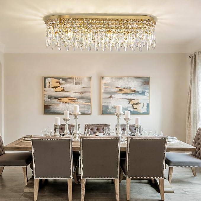 Siljoy 10-Light Modern Crystal Chandelier, Luxury Gold Oval K9 Crystal Raindrop Chandelier, Dimmable Flush Mount Crystal Ceiling Light for Living Dining Room Kitchen Island, L40'' x W11'' x H11''