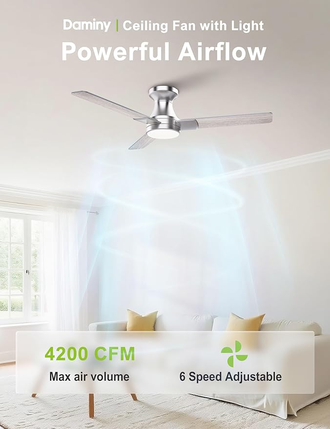 DAMINY 42 inch Ceiling Fans with Lights,3 Blades,6CCT, Low Profile Ceiling Fan with Light and Remote Control,Ceiling Fan for Bedroom, Kitchen,Indoor/Outdoor Use,Flush Mount-Nickel