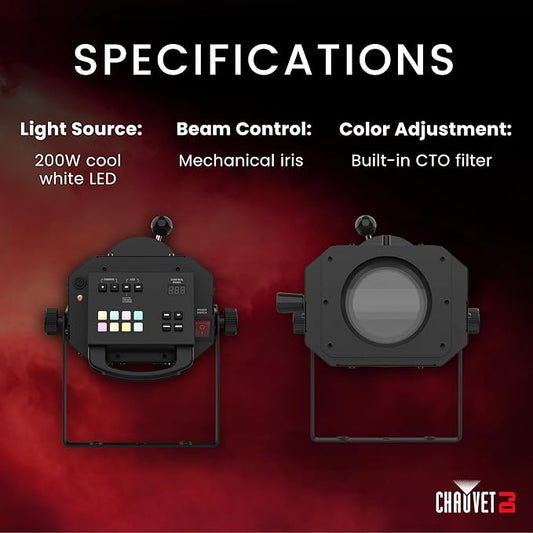 CHAUVET DJ – Followspot 200ST Portable LED Follow Spot Light | 200W Cool White Tight Beam W/Crisp Edge | Mechanical Iris + Built-in CTO Filter | Backlit Silicone Buttons | DMX Control for Stages