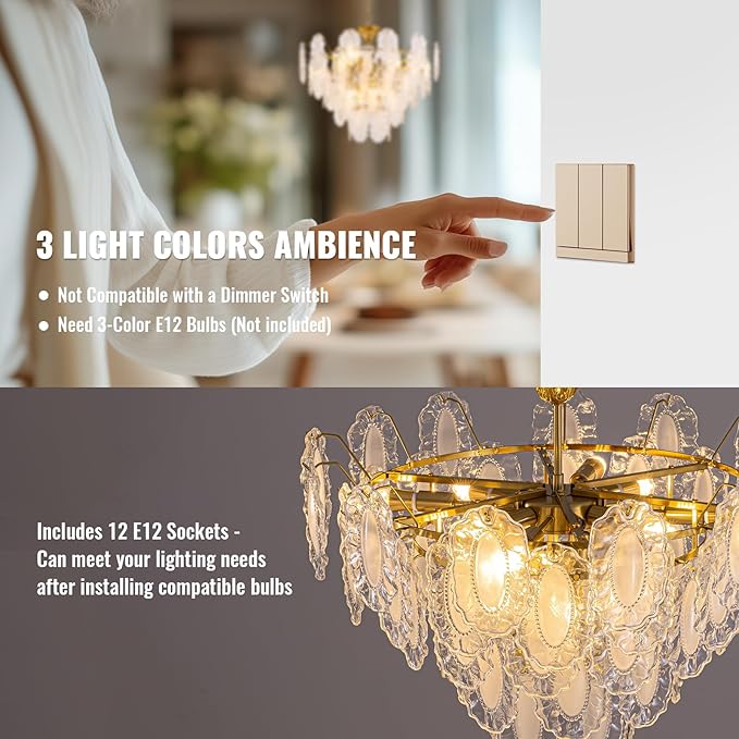 5-Tier Foyer Chandelier, 12-Light Vintage Glass Chandelier for Dining Room with Glass Leaf & Brass Finish, Dimmable Vintage Pendant Lighting for Kitchen Island Living Room Entryway, 28.74"xH23.62"