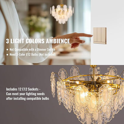 5-Tier Foyer Chandelier, 12-Light Vintage Glass Chandelier for Dining Room with Glass Leaf & Brass Finish, Dimmable Vintage Pendant Lighting for Kitchen Island Living Room Entryway, 28.74"xH23.62"