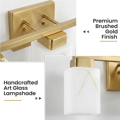 3-Light Square Bathroom Light Fixture, Gold Modern Vanity Light with White Marble Glass Shade, for Bathroom Mirror, Living Room, Bedroom, Hallway, E26 Base