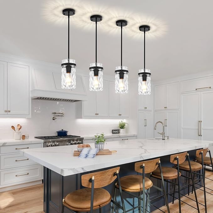 3 Pack Black Pendant Lights Kitchen Island, Modern Hammered Glass Kitchen Pendant Lighting Over Island Hanging Bathroom Light Fixtures Adjustable Pendant Light for Hallway Entryway Dining Room