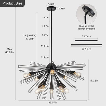 10-Light Black Sputnik Chandelier, 33" Modern Starburst Dining Room Light Fixture, Adjustable Height Rustic Solid Metal Large Sputnik Chandeliers for Living Room Bedroom Kitchen Foyer
