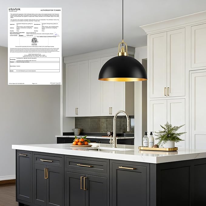 16'' Black Dome Pendant Light, Modern Farmhouse Black Pendant Light Fixture, Large Hanging Ceiling Pendant Lighting for Kitchen Island Dining Room Foyer Hallway Bar Cafe