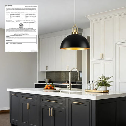 16'' Black Dome Pendant Light, Modern Farmhouse Black Pendant Light Fixture, Large Hanging Ceiling Pendant Lighting for Kitchen Island Dining Room Foyer Hallway Bar Cafe
