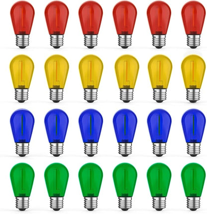 GvvooHome 24 Pack LED S14 Colored Light Bulbs for Outdoor String Lights, Shatterproof 1W Replacement Bulbs for Patio Lights, Dimmable, 2200K Warm White, E26 Base, Multi-Color: Red/Blue/Yellow/Green