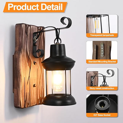 Rustic Wall Light Fixtures Vintage Wall Sconces Sets of 2 Farmhouse Antique Wooden Lamp with Clear Glass Indoor Lighting Black Bedside Sconces Lighting for Bar Cafe Barn Stairs