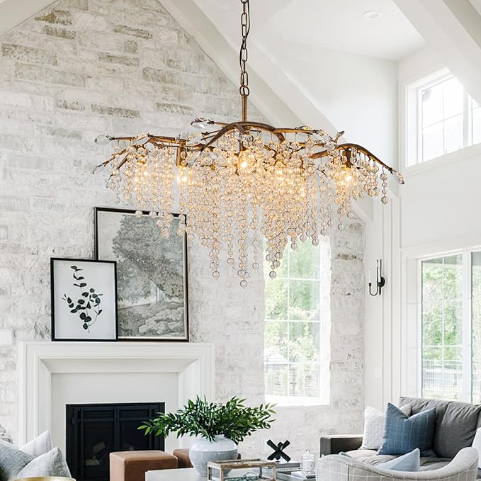 Vezzio Tree Branch Chandelier for Dining Room, 8-Light Bronze Farmhouse Crystal Light Fixture, 35" Adjustable Rustic Pendant Light for Kitchen Island Living Room Entryway Foyer