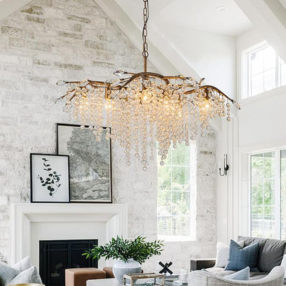 Vezzio Tree Branch Chandelier for Dining Room, 8-Light Bronze Farmhouse Crystal Light Fixture, 35" Adjustable Rustic Pendant Light for Kitchen Island Living Room Entryway Foyer