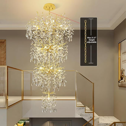 Modern Tree Branch Crystal Chandelier 91" Gold Luxury Large Pendant Lighting 25-Light Contemporary K9 Crystal Chandeliers for Dining Room Kitchen Living Room Foyer Entryway (Gold, H91-Round)