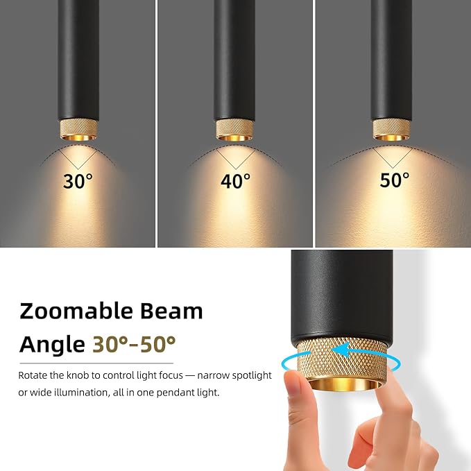 OKELI Modern Black LED Pendant Light for Kitchen Island, 3 Pack – Dimmable Zoomable Pendant, Adjustable Beam Angle, 3 Color Temps 2700K/4000K/6000K, Mini Hanging Light for Bar or Bedroom, 12W 11.8"