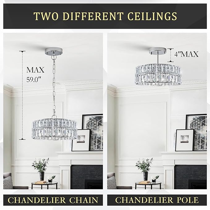 Chrome Crystal Chandeliers, 3 Pack Modern Semi Flush Mount Ceiling Light, 4-Ligh Small Round Crystal Hanging Pendant Light Fixtures,D12” for Kitchen Dining Room Entryway Hallway