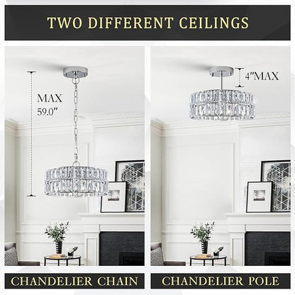 Chrome Crystal Chandeliers, 3 Pack Modern Semi Flush Mount Ceiling Light, 4-Ligh Small Round Crystal Hanging Pendant Light Fixtures,D12” for Kitchen Dining Room Entryway Hallway