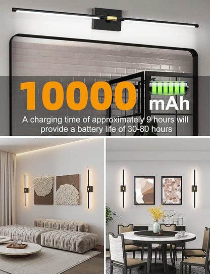 Battery Operated Wall Sconces Set of 2: 10000mAh Rechargeable Wall Lights, Easy Install 360° Rotate 3000K-6000K LED Wireless Wall Light Decor for Bedroom Living Room Hallway Picture Lighting Gallery