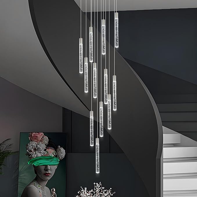 12-Lights Bubble Chandelier for Entryway High Ceiling-137 Height Adjustable Crystal Chandelier,3 Color Temperature Dimmable LED Pendant Light Fixture for Foyer Living Room Staircase,Chrome