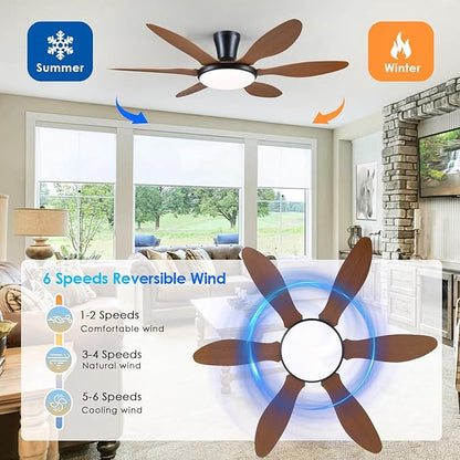 Ceiling Fans with Lights, 51 inch Modern Low Profile Ceiling Fan with Light and Remote App Control, Flush Mount, Quiet DC Reversible, Dim Led Ceiling Fan 6 Blade Softer Wind Indoor/Outdoor Patio Brown