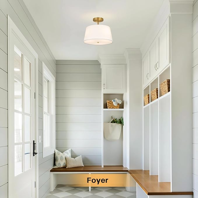 CALOKES Modern Cone-Shaped Semi Flush Mount Ceiling Light Fixture, 3-Light Drum Lamp with Gold Brass Finish and White Fabric Shade for Bedroom, Kitchen, Dining Room, Hallway, Entryway, and Foyer