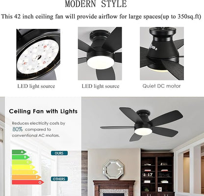 JSAITEE Ceiling Fans with Lights, 42 Inch Low Profile Ceiling Fan with Light and Remote/App Control, Flush Mount, Reversible, 3CCT, Dimmable, Noiseless, Black Ceiling Fan for Indoor/Outdoor Use