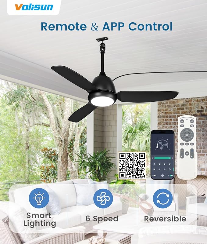 VOLISUN Outdoor Ceiling Fans with Light for Patios, 42in Weatherproof Plug in Ceiling Fan, 3CCT Dimmable Gazebo Fan Remote&APP Control, Black Caged Ceiling Fan for Porch, Pergola,Canopy,Pavilion