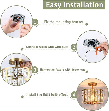 MEXO Gold Finish 3LT Crystal Semi Flush Mount Ceiling Light Fixture, Cylinder Drum Shade, Close to Ceiling, Perfect for Kitchen, Dining Room, Bedroom, Living Room, Entryway, Foyer