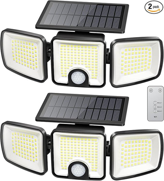 Brightown 2 Pack Solar-Security-Flood-Outdoor-Lights-with-Motion-Sensor, 223 LED 3 Head 270° Angle Street Area Security Lights with Remote, IP65 Waterproof Wall Lights with 3 Modes for Yard Outside