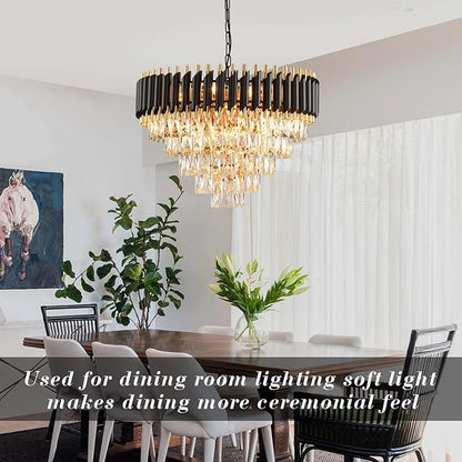 Gold Modern Crystal Chandelier 5-Tier Round Living Room Chandelier Light Fixture Black Large Crystal Chandeliers Pendant Ceiling Light Fixture for Dining Room Bedroom Entryway Staircase Foyer W24in