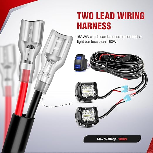 Nilight 16AWG LED POD Lights Wiring Harness Kit LED Light Bar 12V 5Pin Rocker Switch Laser On Off Waterproof Toggle Switch Power Relay Blade Fuse-2 Leads, 2 Years Warranty, Black
