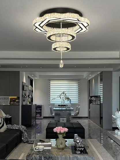 Flashing God Modern Crystal Chandeliers Dia 24" Black Chandelier Flush Mount Ceiling Light for Bedroom Living Room Dining Room Hallway Dimmable 3 Rings LED Celing Lighting Fixtures