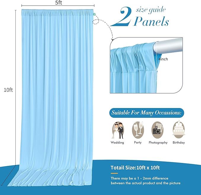 10 ft x 10 ft Wrinkle Free Baby Blue Backdrop Curtains for Baby Shower Parties, Polyester Light Blue Photo Backdrop Drapes for Birthday Wedding Party Gender Reveal Photography