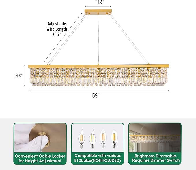 Gold Large Modern Crystal Chandeliers for Dining Room Light Fixture, 13-Light Rectangle Chandelier for Kitchen Island Living Room, L59 Inch