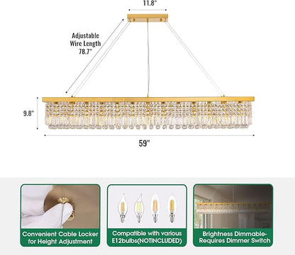 Gold Large Modern Crystal Chandeliers for Dining Room Light Fixture, 13-Light Rectangle Chandelier for Kitchen Island Living Room, L59 Inch