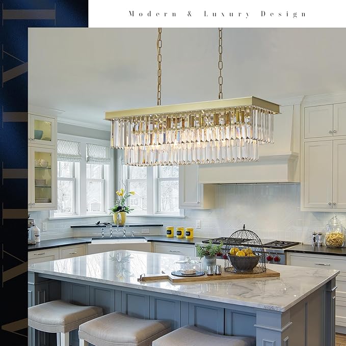 A AXILIXI Rectangular Crystal Chandelier Gold for Dining Room Modern Chandelier Rectangle Linear Pendant Light Fixtures for Kitchen Island L33” K9 Luxury Long Chandelier for Living Room