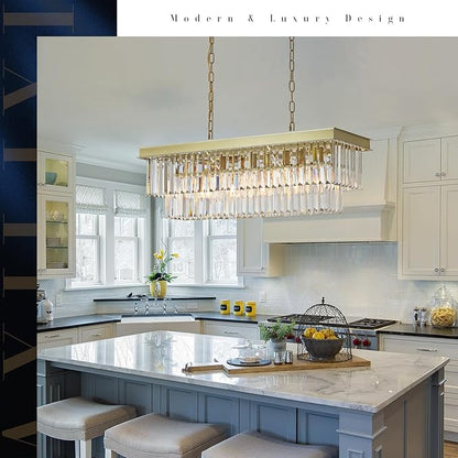 A AXILIXI Rectangular Crystal Chandelier Gold for Dining Room Modern Chandelier Rectangle Linear Pendant Light Fixtures for Kitchen Island L33” K9 Luxury Long Chandelier for Living Room