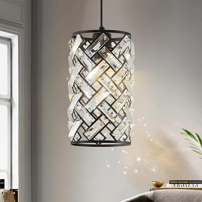 CATINER Modern Black Crystal Pendant Light Fixture - Mini Chandelier for Kitchen Island, Dining Room, Living Room, Hallway, Porch, Bedroom Lighting