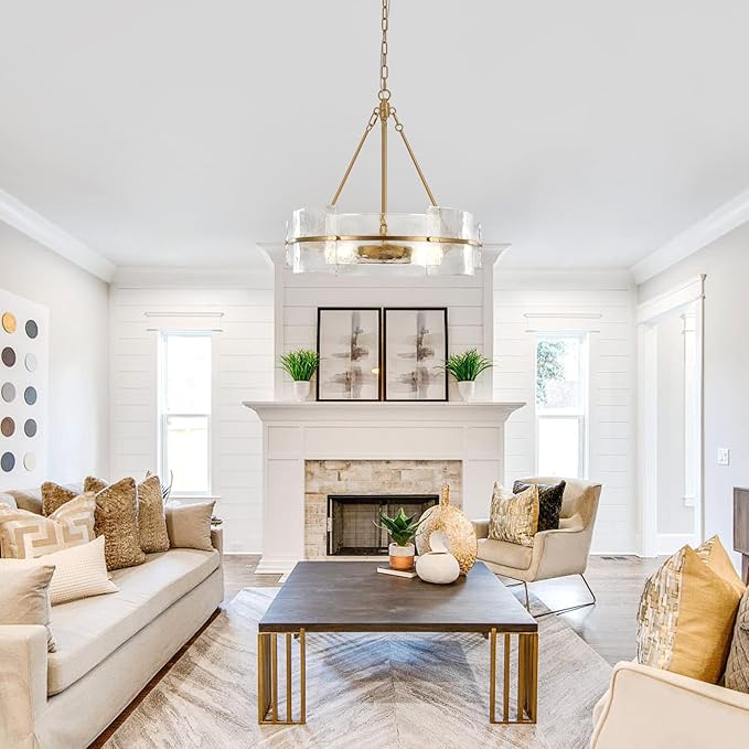 Modern Dining Room Chandelier, 22 inch Gold Textured Glass Drum Chandelier Luxury Crystal Hanging Lighting for Living Room Foyer Kitchen Island Bedroom